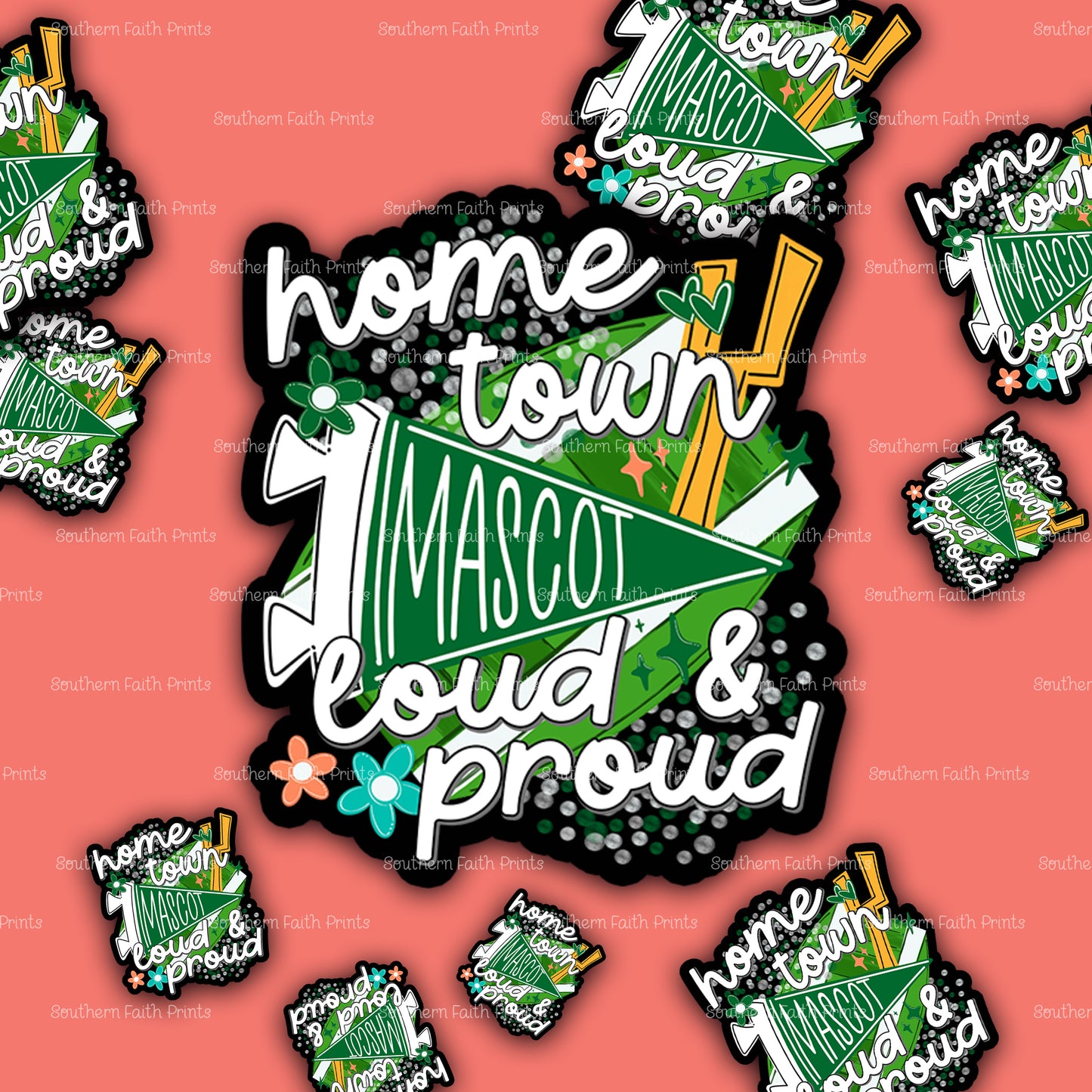 Custom Home Town Mascot Green Acrylic Sticker Set