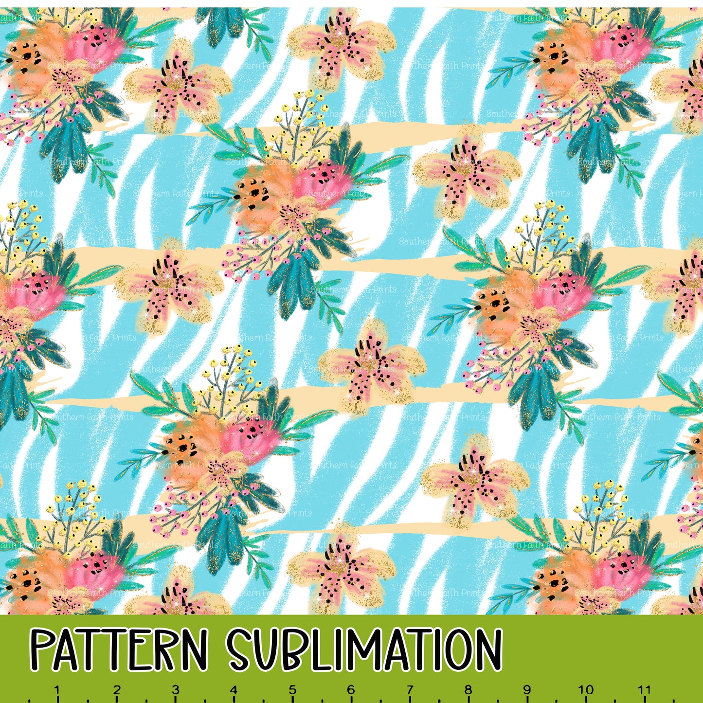 Aqua Zebra and Flowers 12x12 Pattern Sublimation