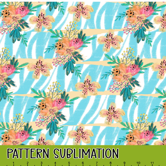 Aqua Zebra and Flowers 12x12 Pattern Sublimation