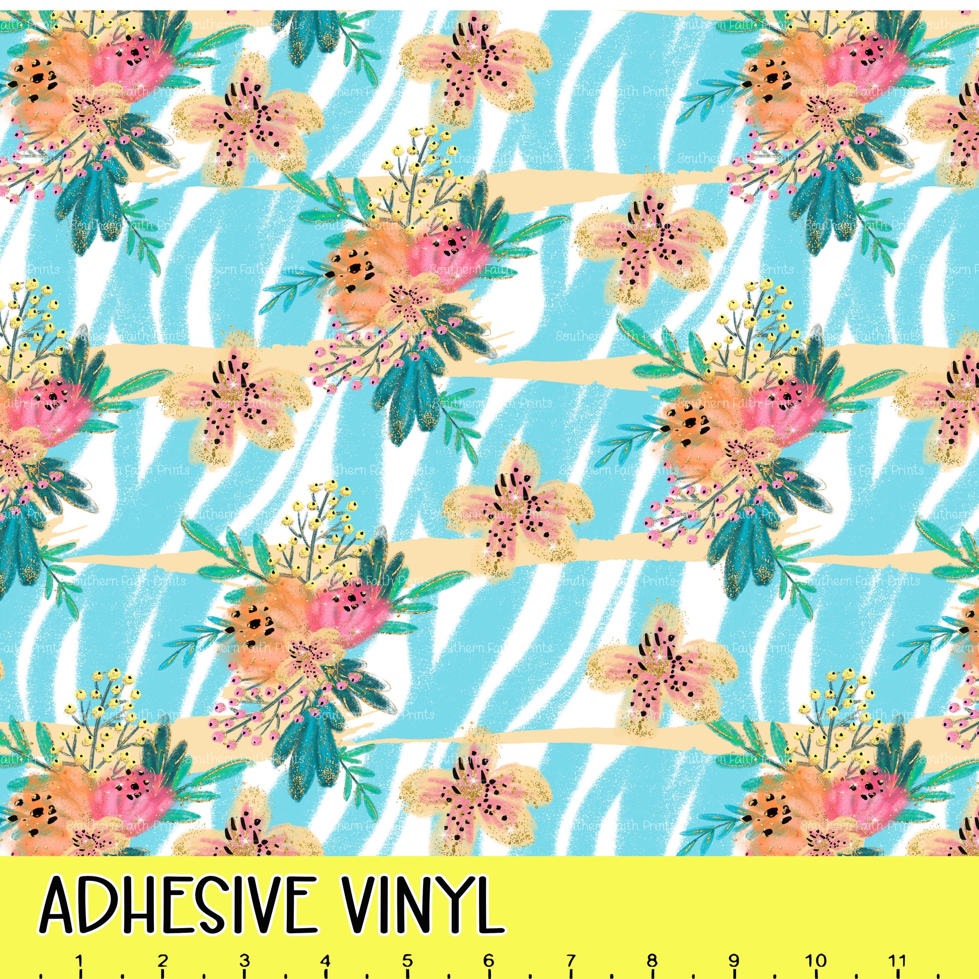 Aqua Zebra and Flowers 12x12 Pattern Adhesive Vinyl