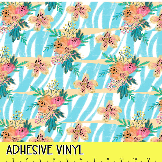 Aqua Zebra and Flowers 12x12 Pattern Adhesive Vinyl