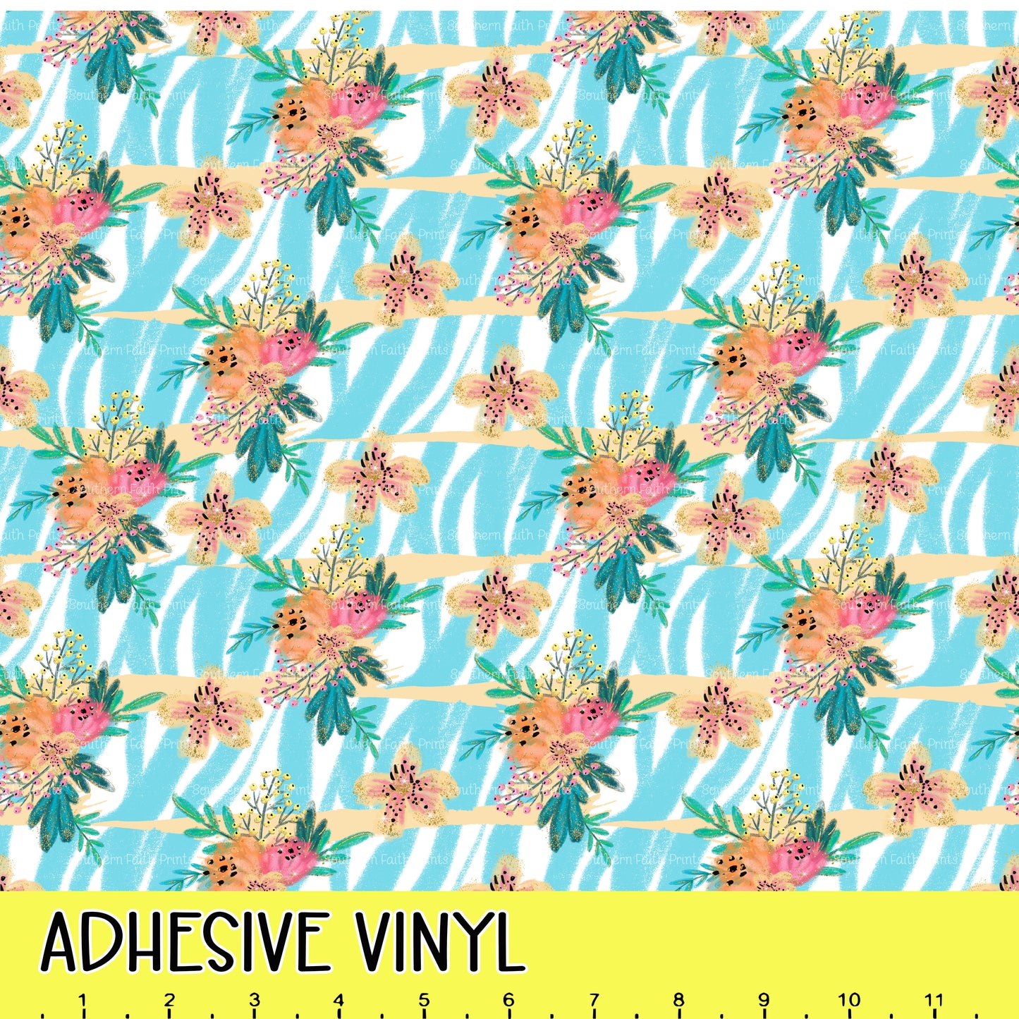 Aqua Zebra and Flowers 12x12 Pattern Adhesive Vinyl